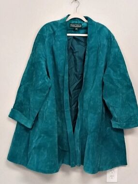 Vintage Stephanie Andrews 3X Turquoise Teal Blue Suede Leather Open Swing Coat